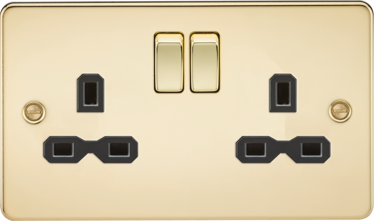 Knightsbridge FPR9000PB 2 Gang 13A DP Switched Socket Polished Brass Black Insert