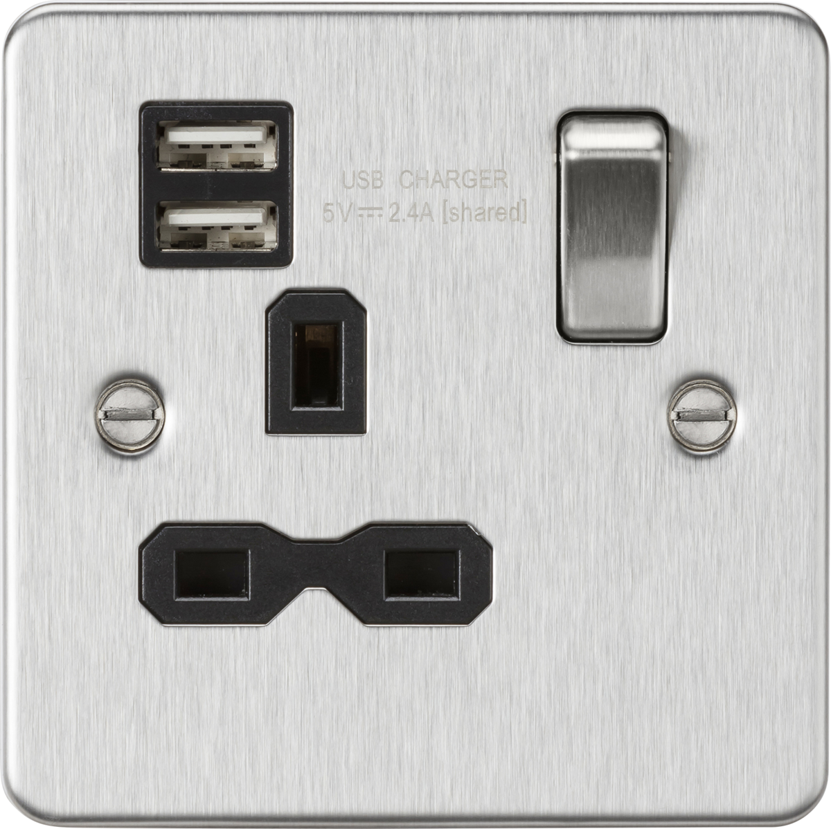 Knightsbridge FPR9124BC 1 Gang 13A DP Switched USB Socket Brushed Chrome Black Insert