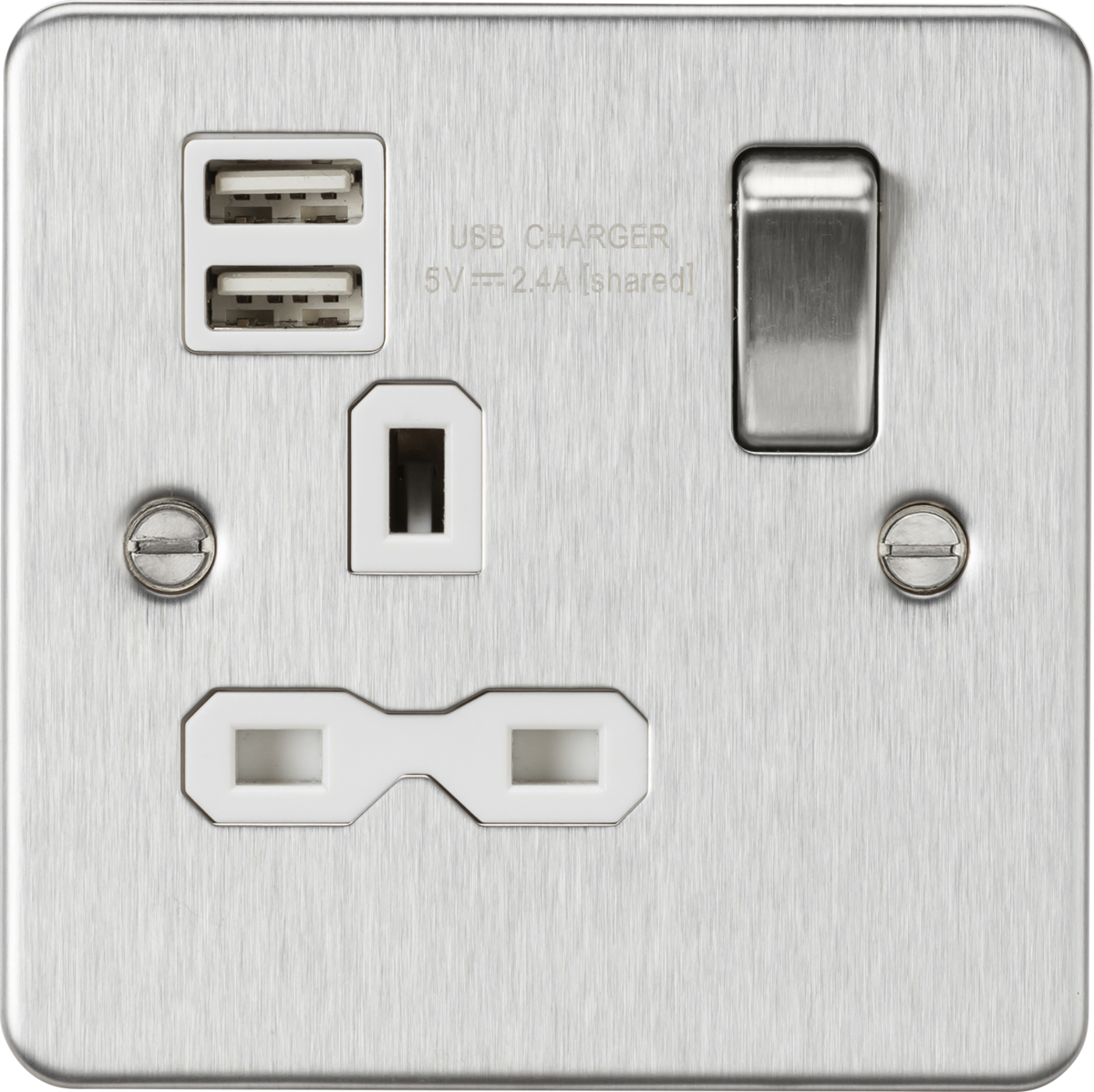 Knightsbridge FPR9124BCW 1 Gang 13A DP Switched USB Socket Brushed Chrome White Insert