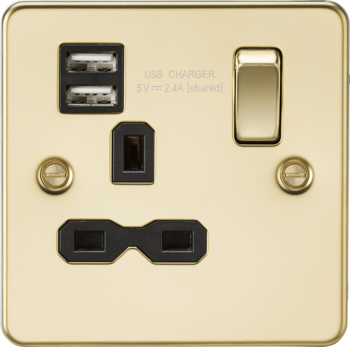 Knightsbridge FPR9124PB 1 Gang 13A DP Switched USB Socket Polished Brass Black Insert