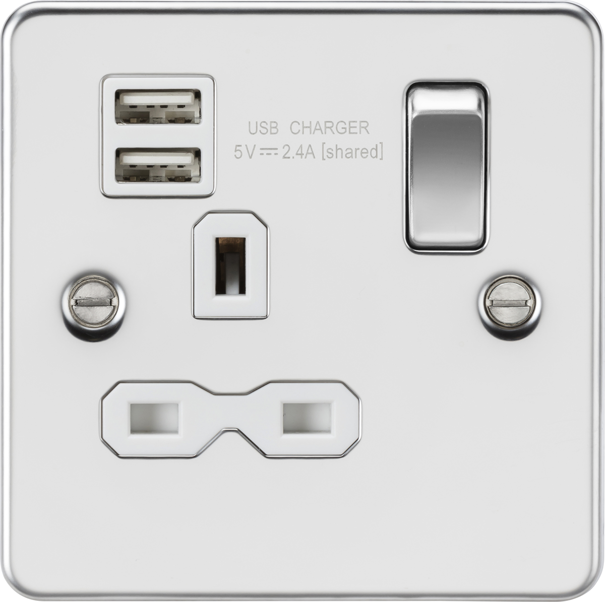 Knightsbridge FPR9124PCW 1 Gang 13A DP Switched USB Socket Polished Chrome White Insert