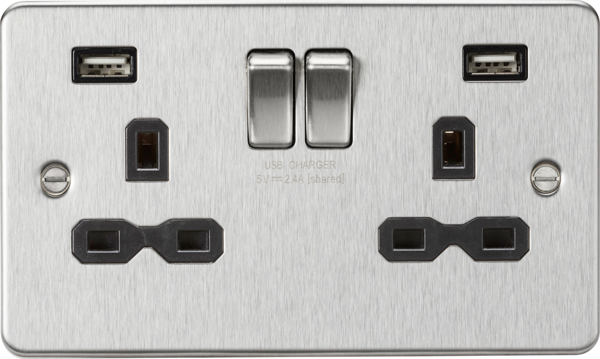 Knightsbridge FPR9224BC 2 Gang USB Socket Brushed Chrome Black Insert