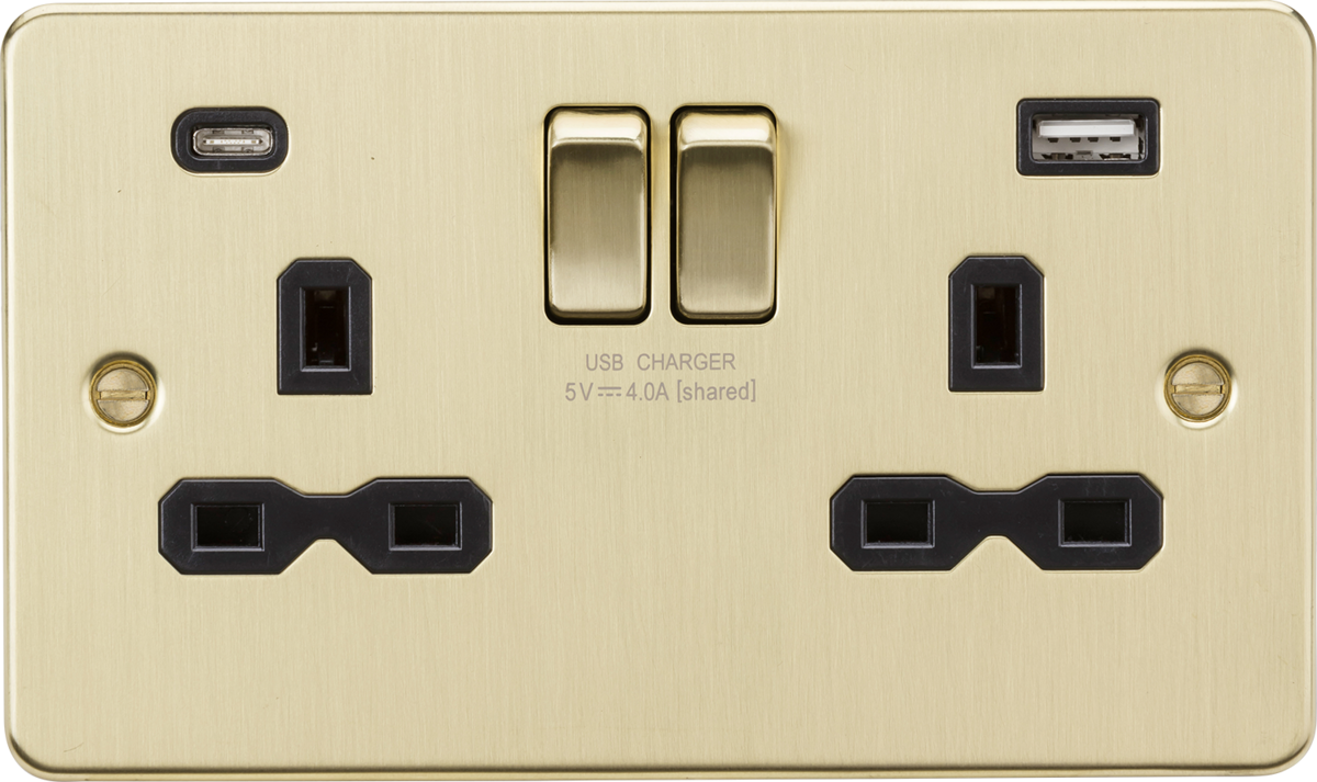 Knightsbridge FPR9940BB 2 Gang 13A Type A + C 4A (5VDC) USB Socket Brushed Brass Black Insert