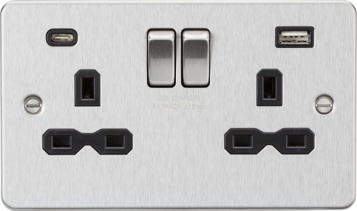 Knightsbridge FPR9940BC 2 Gang 13A Type A + C 4A (5VDC) USB Socket Brushed Chrome Black Insert