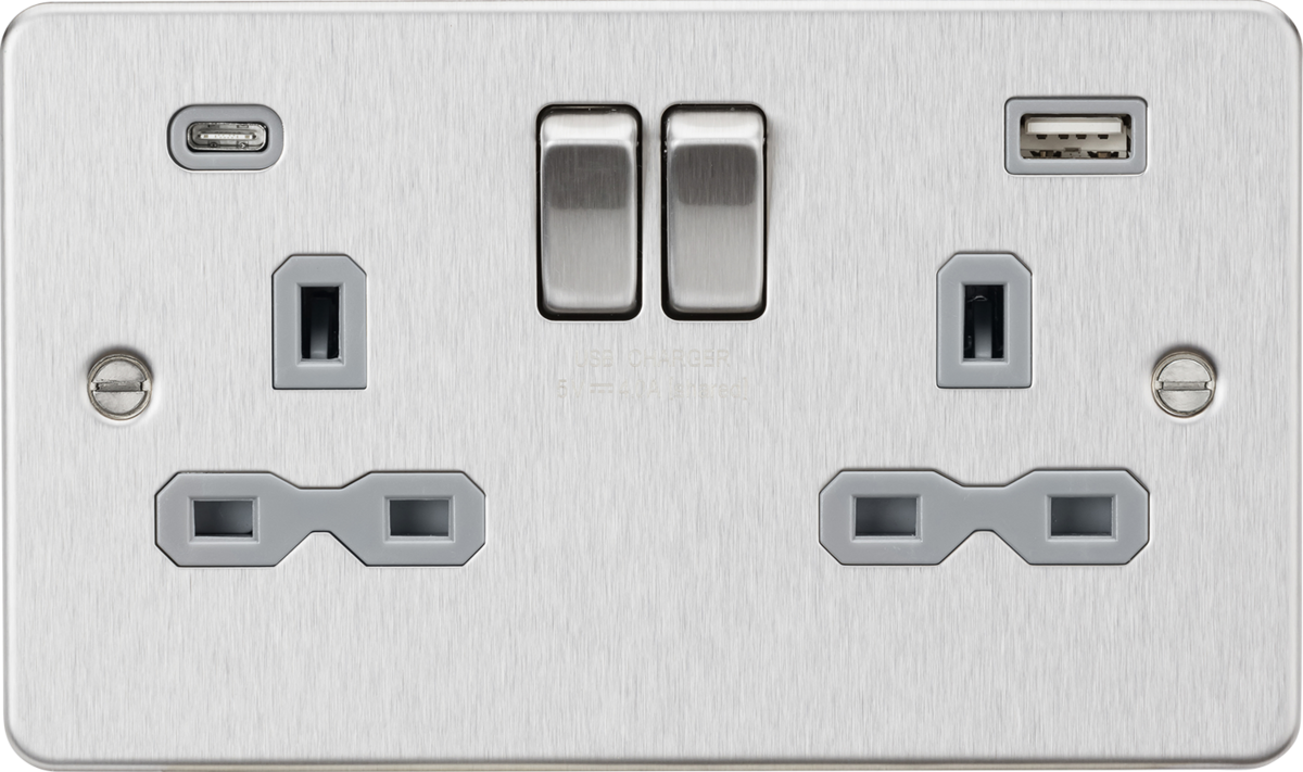 Knightsbridge FPR9940BCG 2 Gang 13A Type A + C 4A (5VDC) USB Socket Brushed Chrome Grey Insert