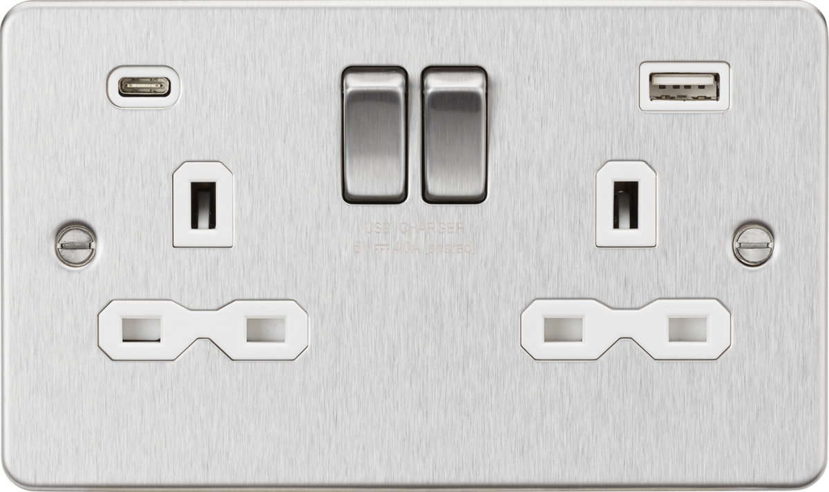 Knightsbridge FPR9940BCW 2 Gang 13A Type A + C 4A (5VDC) USB Socket Brushed Chrome White Insert