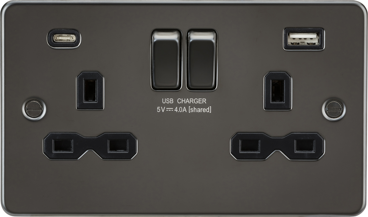 Knightsbridge FPR9940GM 2 Gang 13A Type A + C 4A (5VDC) USB Socket Gun Metal Black Insert