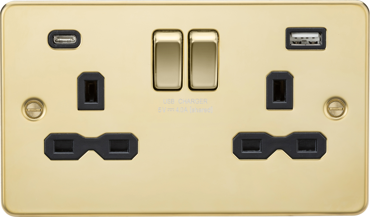 Knightsbridge FPR9940PB 2 Gang 13A Type A + C 4A (5VDC) USB Socket Polished Brass Black Insert