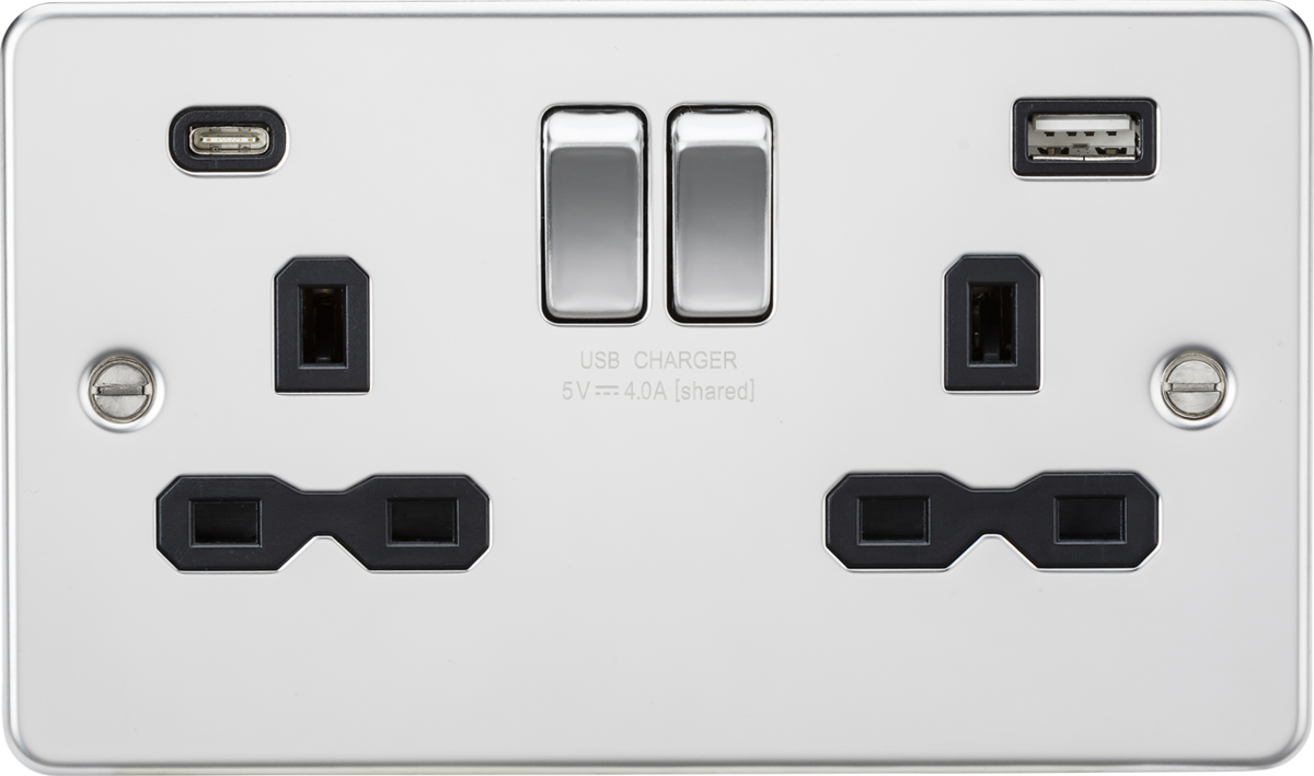 Knightsbridge FPR9940PC 2 Gang 13A Type A + C 4A (5VDC) USB Socket Polished Chrome Black Insert