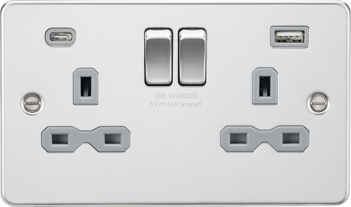 Knightsbridge FPR9940PCG 2 Gang 13A Type A + C 4A (5VDC) USB Socket Polished Chrome Grey Insert