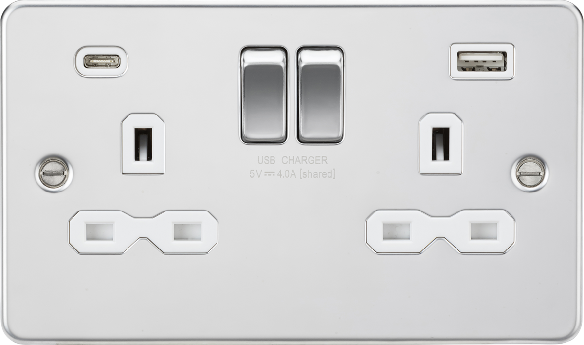 Knightsbridge FPR9940PCW 2 Gang 13A Type A + C 4A (5VDC) USB Socket Polished Chrome White Insert