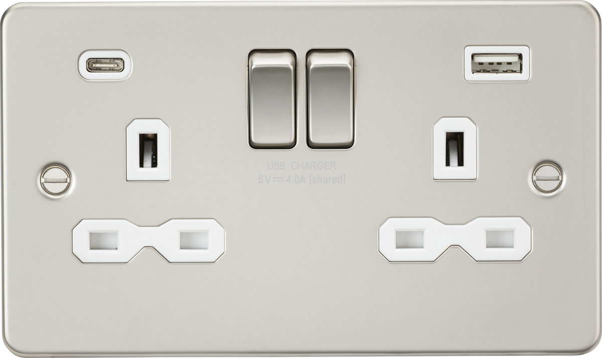 Knightsbridge FPR9940PLW 2 Gang 13A Type A + C 4A (5VDC) USB Socket Matt Pearl White Insert