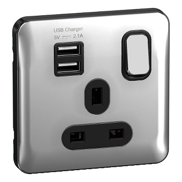 Schneider GGBL30102USBABPCS 1 Gang USB Socket Polished Chrome Black Insert