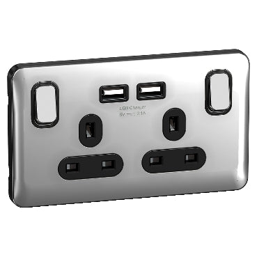 Schneider GGBL30202USBABPCS 2 Gang USB Socket Polished Chrome Black Insert