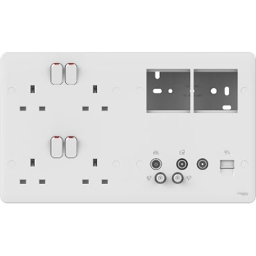 Schneider GGBL3020D8MP 2 x 2 Gang Sockets + 2 x 2 Module + QUAD / BT / TV Faceplate White Moulded