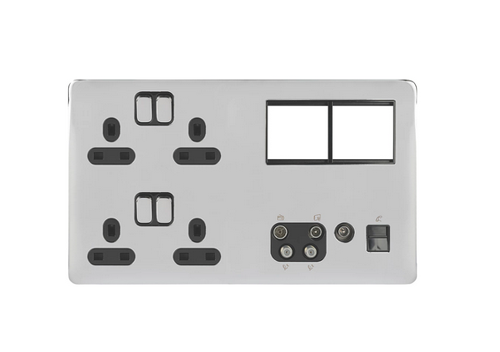 Schneider GGBL3020D8MPBPC 2 x 2 Gang Sockets + 2 x 2 Module + QUAD / BT / TV Faceplate Polished Chro