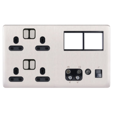 Schneider GGBL3020D8MPBSS 2 x 2 Gang Sockets + 2 x 2 Module + QUAD / BT / TV Faceplate Stainless Ste