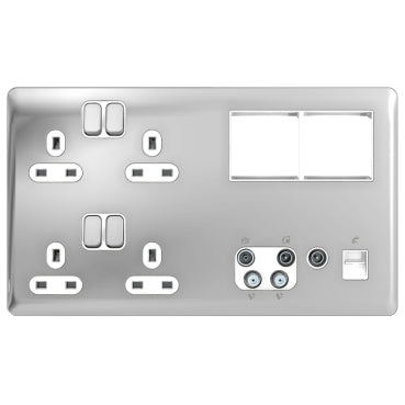 Schneider GGBL3020D8MPWPC 2 x 2 Gang Sockets + 2 x 2 Module + QUAD / BT / TV Faceplate Polished Chro