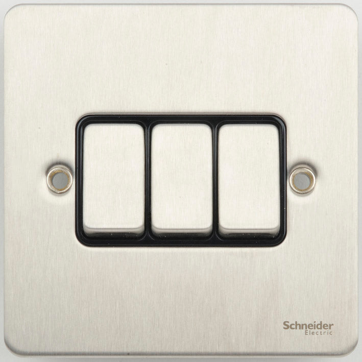 Schneider GU1232BSS 3 Gang 2 Way Switch Stainless Steel Black Insert