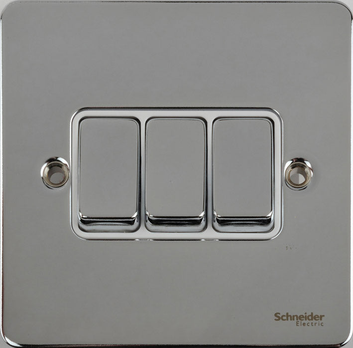 Schneider GU1232WPC 3 Gang 2 Way Switch Polished Chrome White Insert