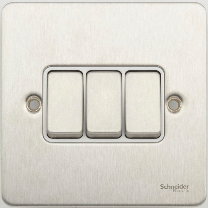 Schneider GU1232WSS 3 Gang 2 Way Switch Stainless Steel White Insert