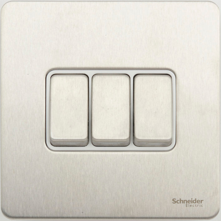 Schneider GU1432WSS 3 Gang 2 Way Switch Stainless Steel White Insert