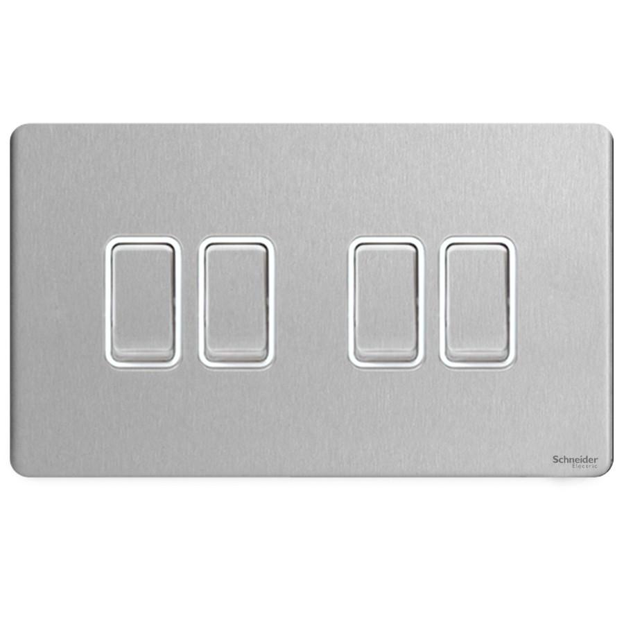 Schneider GU1442WSS 4 Gang 2 Way Switch Stainless Steel White Insert