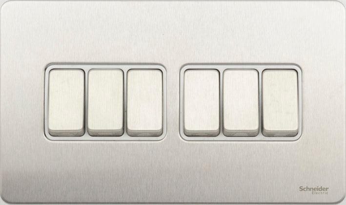 Schneider GU1462WSS 6 Gang 2 Way Switch Stainless Steel White Insert