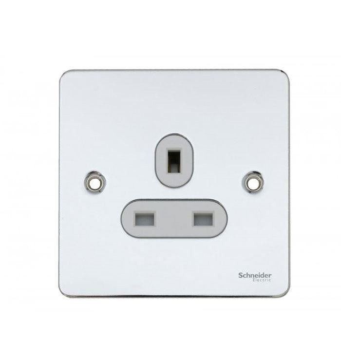 Schneider GU3250WPC 1 Gang 13A Unswitched Socket Polished Chrome White Insert