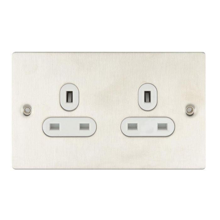 Schneider GU3260WSS 2 Gang 13A Unswitched Socket Stainless Steel White Insert