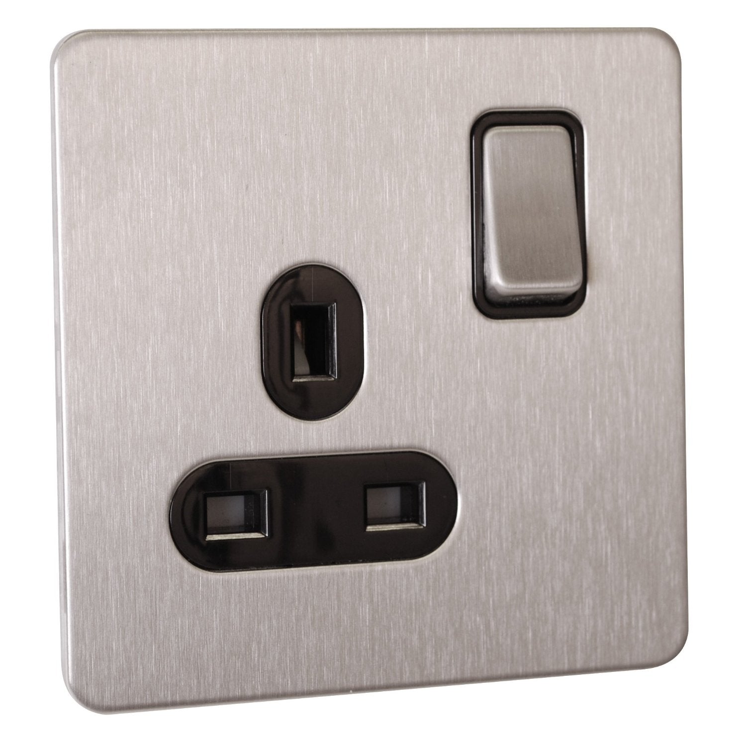 Schneider GU3410BSS 1 Gang 13A Switched Socket Stainless Steel Black Insert