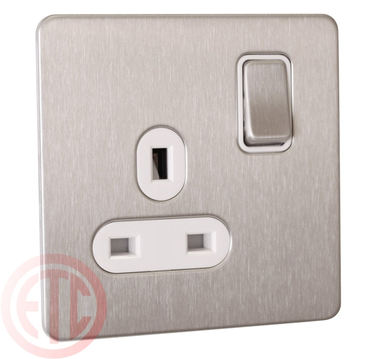 Schneider GU3410WSS 1 Gang 13A Switched Socket Stainless Steel White Insert