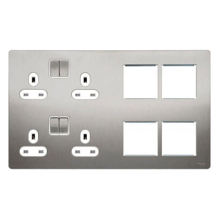 Schneider GU34204DMPWSS 2 x 2 Gang Sockets + 4 x 2 Module Faceplate Stainless Steel White