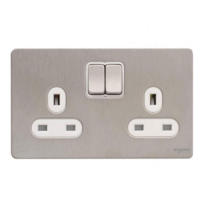 Schneider GU3420WSS 2 Gang 13A Switched Socket Stainless Steel White Insert