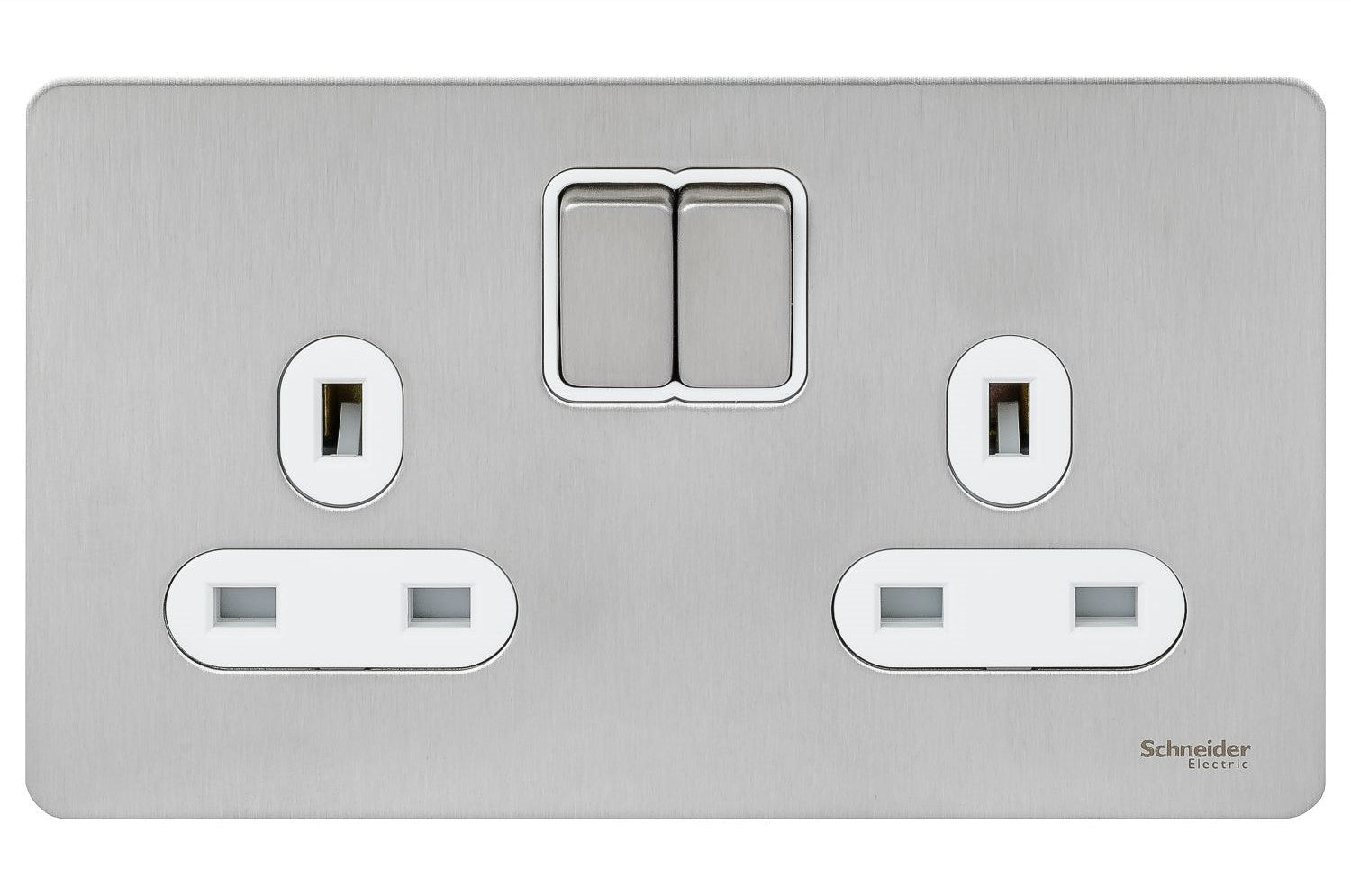 Schneider GU3420DWSS 2 Gang 13A DP Switched Socket Stainless Steel White Insert