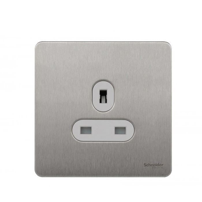 Schneider GU3450WSS 1 Gang 13A Unswitched Socket Stainless Steel White Insert