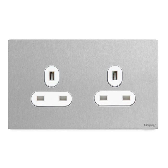 Schneider GU3460WSS 2 Gang 13A Unswitched Socket Stainless Steel White Inserts