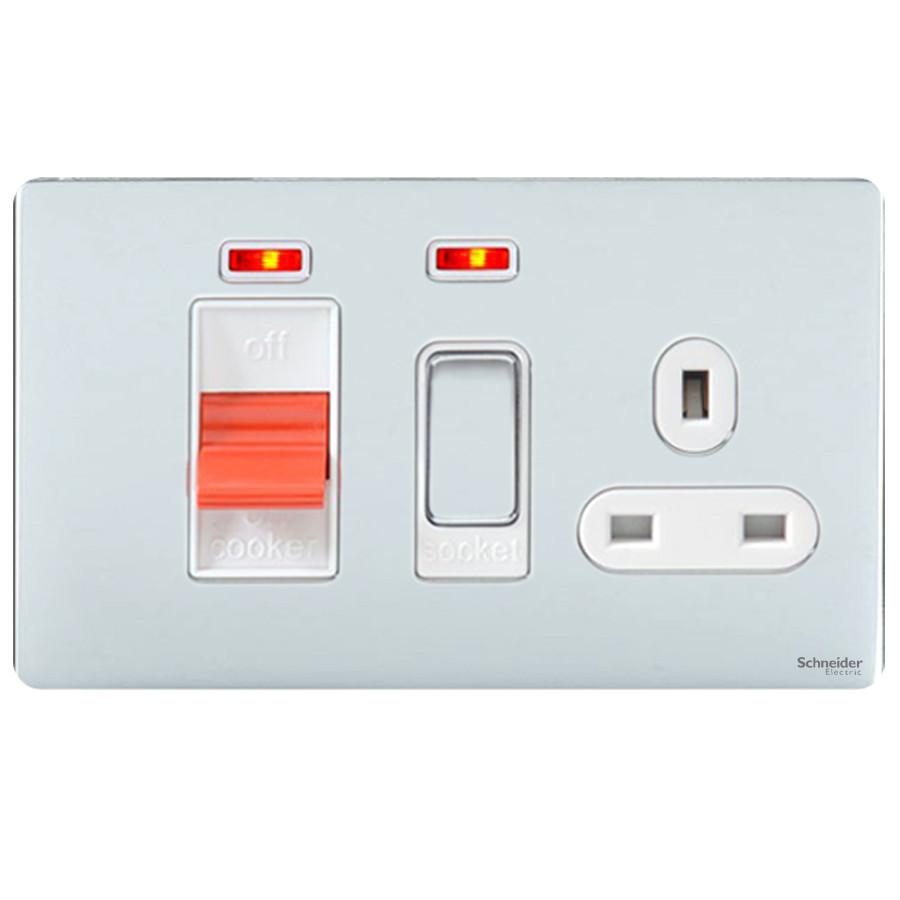 Schneider GU4401WPC 45A DP Cooker Control Unit with Neon Polished Chrome White Insert