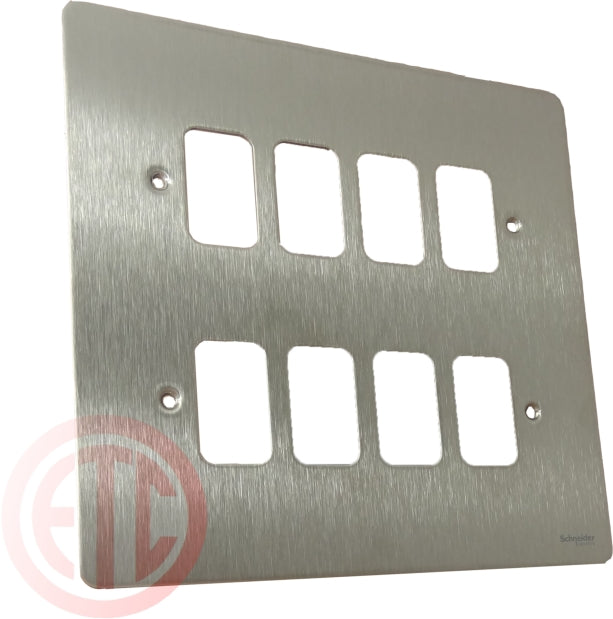 Schneider GUG08GSS 8 Gang Grid Faceplate with Mounting Frame Stainless Steel