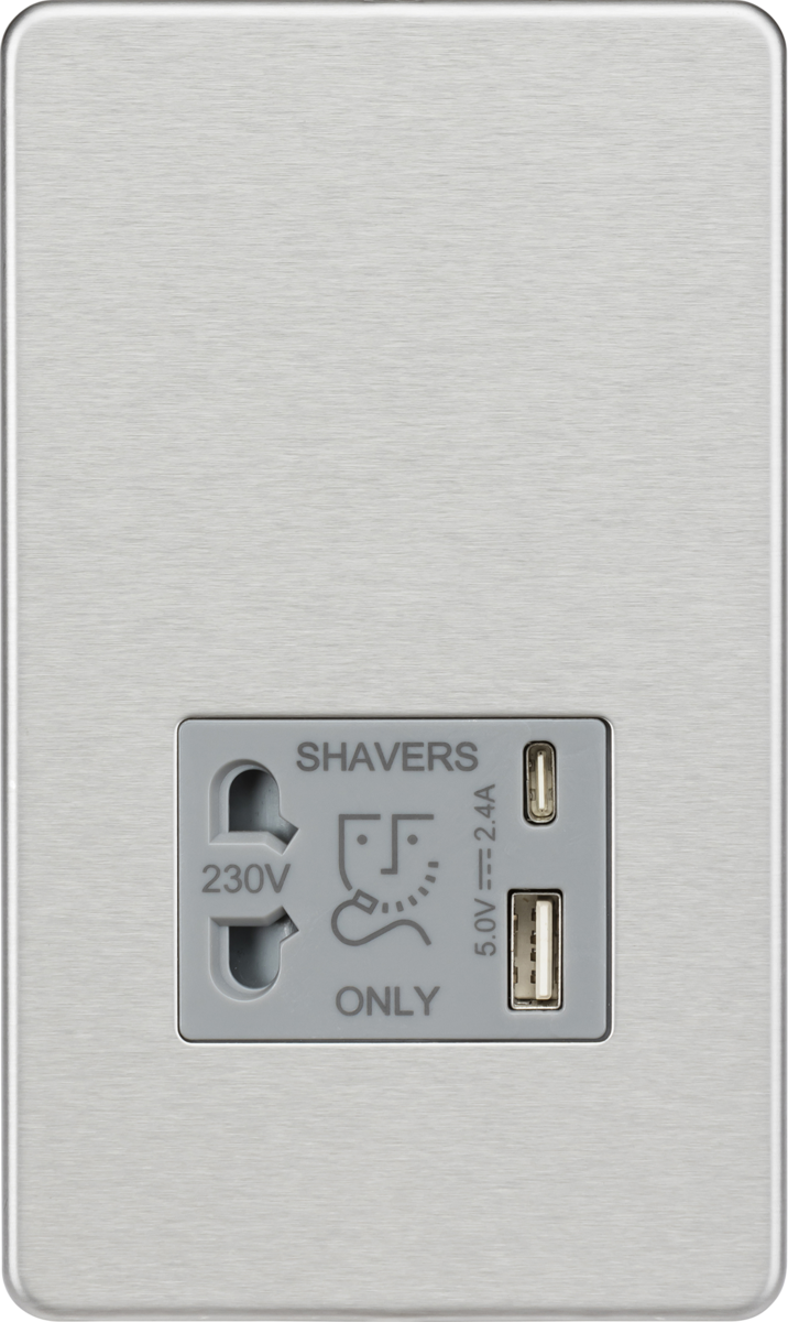 Knightsbridge SF8909BCG Dual Voltage 115/230V 20VA Shaver Socket with USB Insert Brushed Chrome Grey