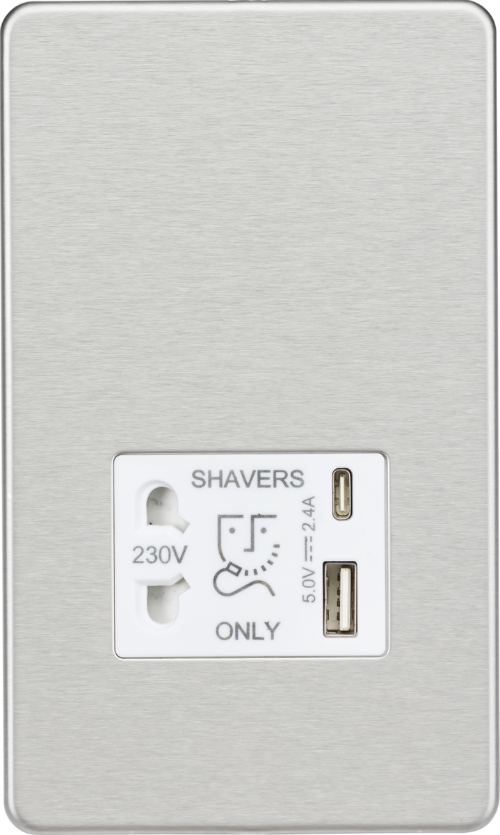 Knightsbridge SF8909BCW Dual Voltage 115/230V 20VA Shaver Socket with USB Insert Brushed Chrome Whit