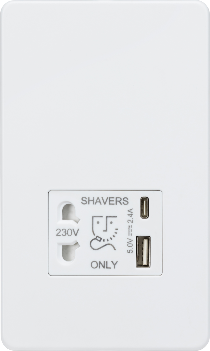 Knightsbridge SF8909MW Dual Voltage 115/230V 20VA Shaver Socket with USB Matt White