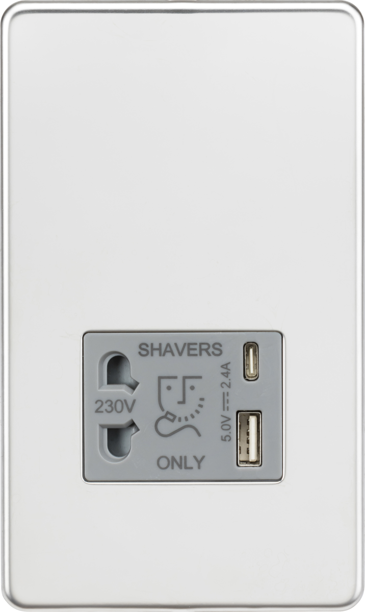 Knightsbridge SF8909PCG Dual Voltage 115/230V 20VA Shaver Socket with USB Insert Polished Chrome Gre