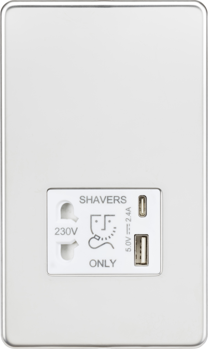 Knightsbridge SF8909PCW Dual Voltage 115/230V 20VA Shaver Socket with USB Insert Polished Chrome Whi