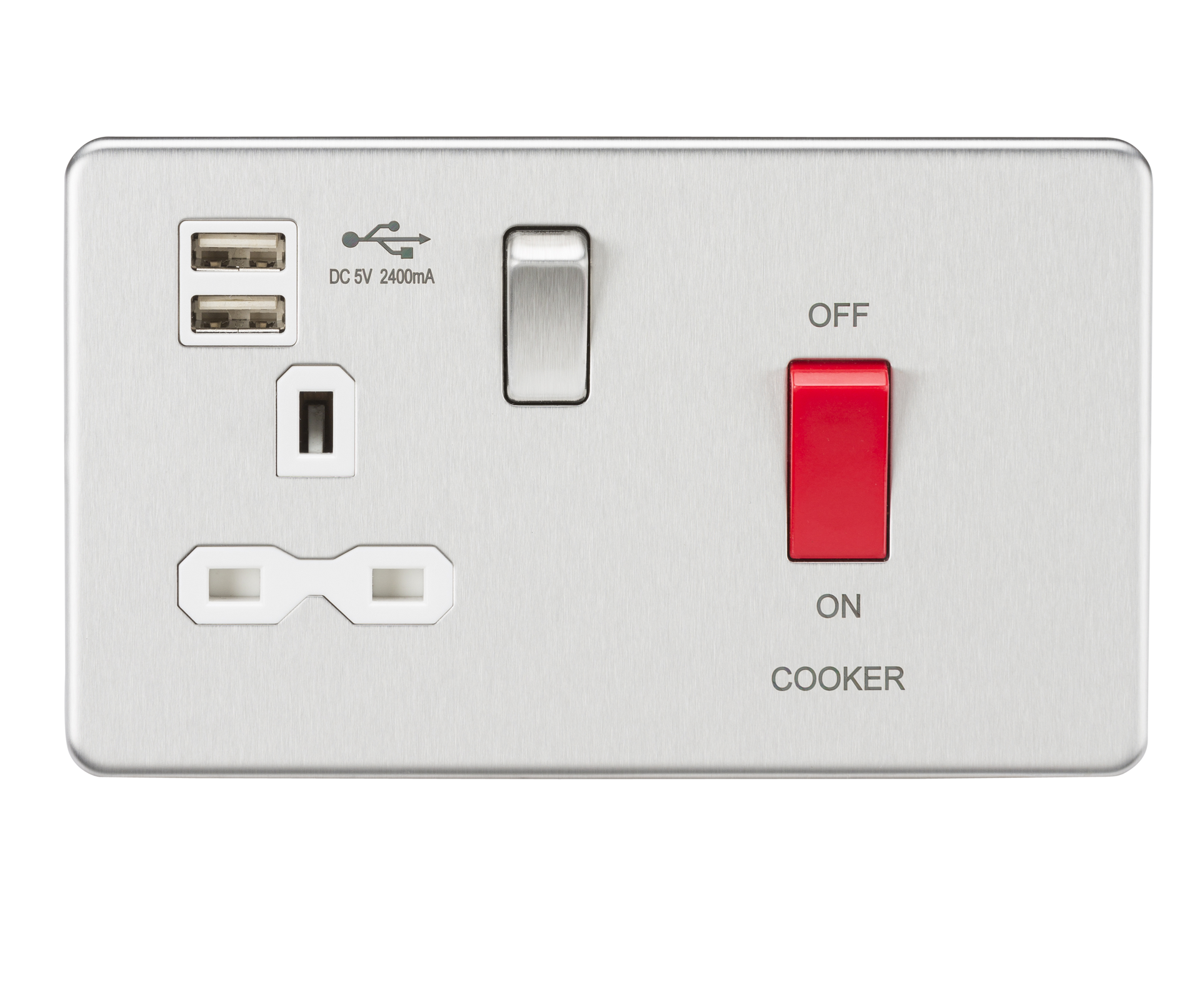 Knightsbridge SFR83UMBCW 2 Gang 45A DP Cooker Control Unit with USB Brushed Chrome White Insert