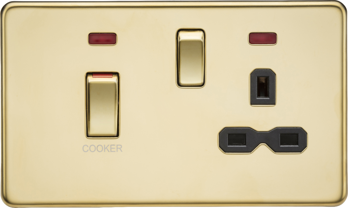 Knightsbridge SFR83MNPB 2 Gang 45A DP Cooker Control Unit with Neon Polished Brass Black Insert