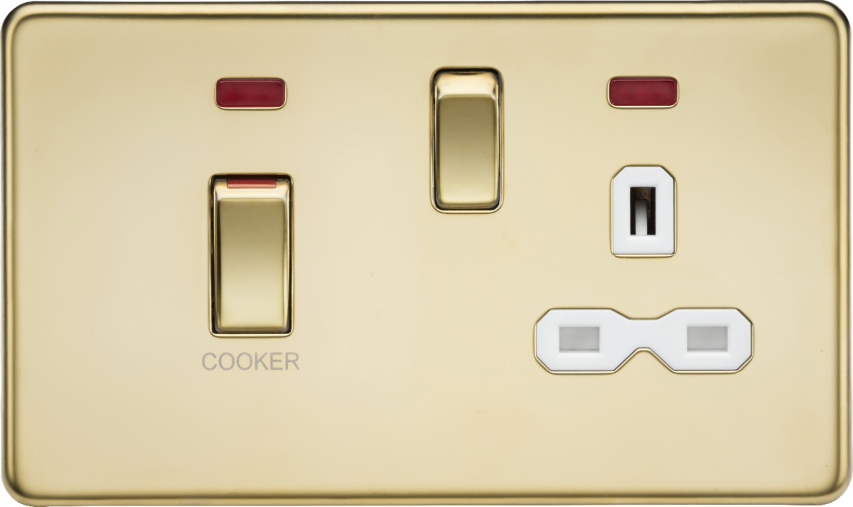 Knightsbridge SFR83MNPBW 2 Gang 45A DP Cooker Control Unit with Neon Polished Brass White Insert