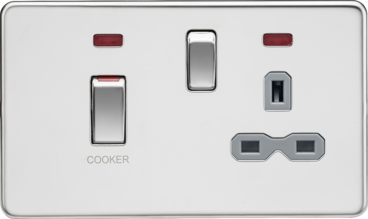 Knightsbridge SFR83NPCG 2 Gang 45A DP Cooker Control Unit with Neon Polished Chrome Grey Insert