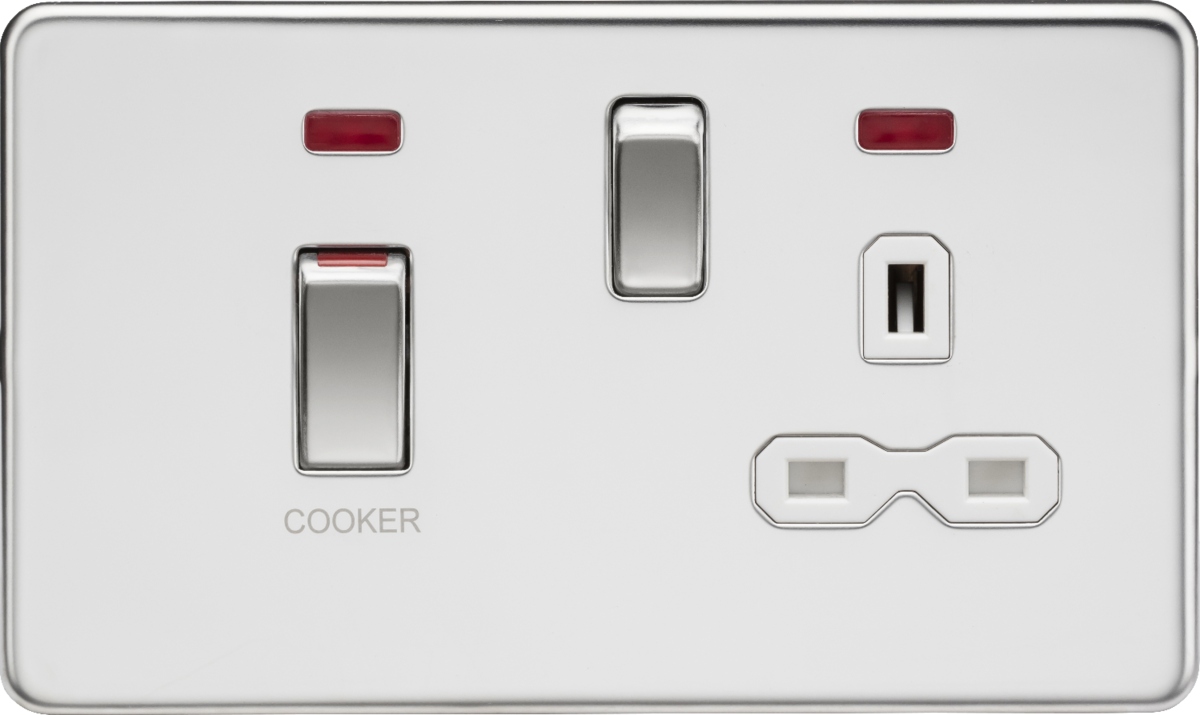 Knightsbridge SFR83MNPCW 2 Gang 45A DP Cooker Control Unit with Neon Polished Chrome White Insert