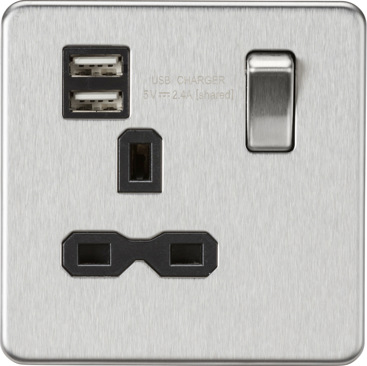 Knightsbridge SFR9124BC 1 Gang 13A DP Switched USB Socket Brushed Chrome Black Insert